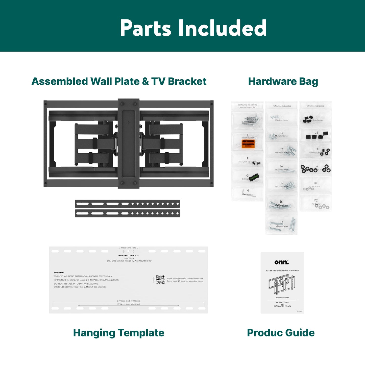Ultra-slim Full Motion TV Wall Mount for 50" to 86" TVs, swivel ±45°, up to +5°/-20° Tilting