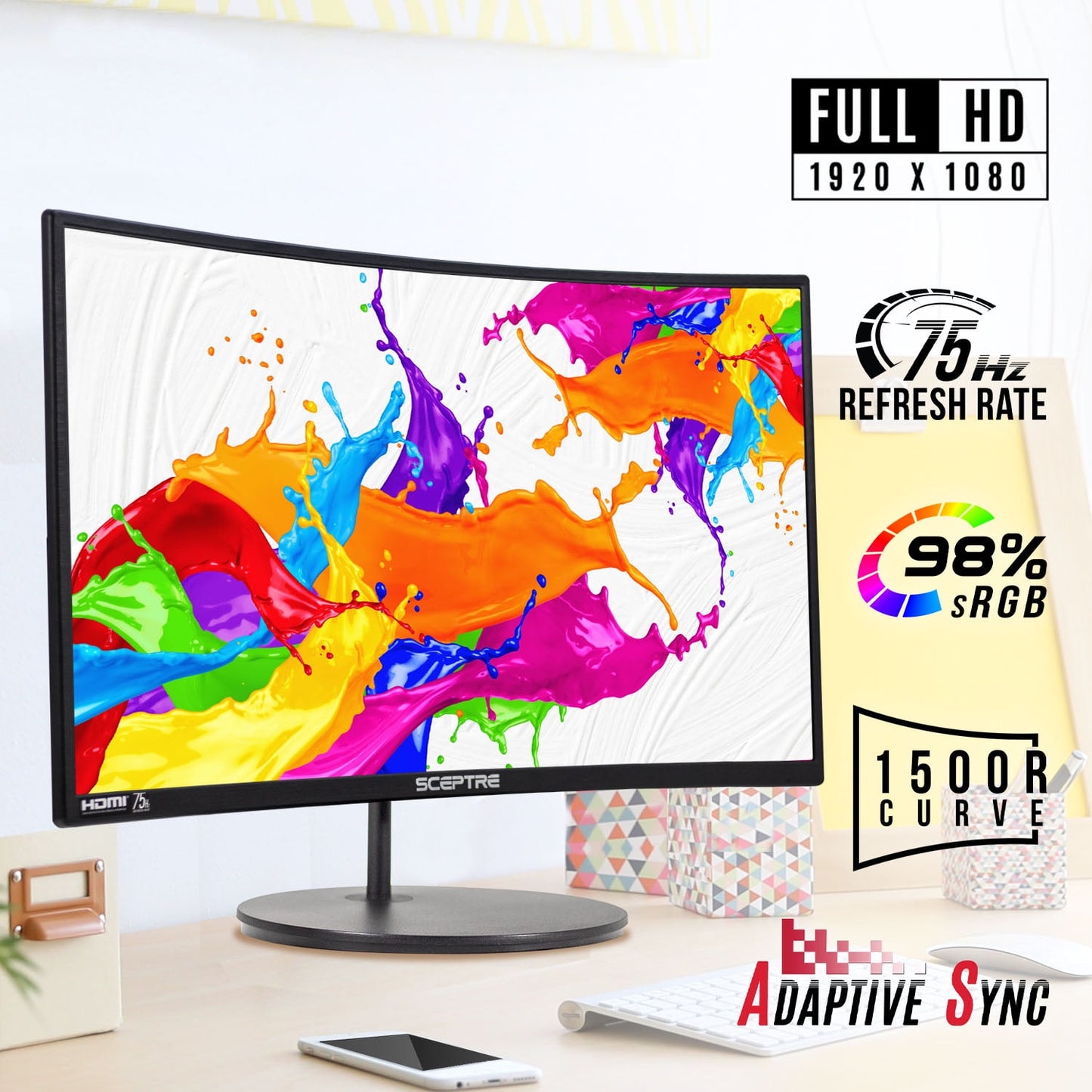 Sceptre C248W-1920RN 24" 1080P LED Curved Computer Monitor, Black