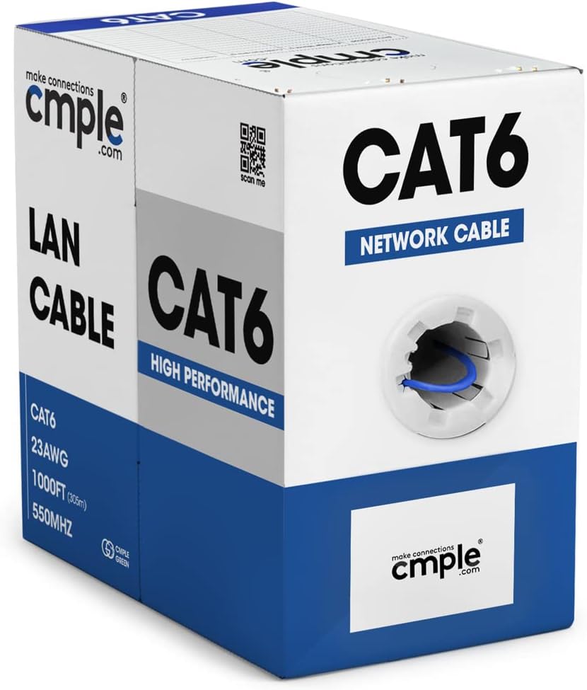 Cmple - Cat6 Cable 1000ft Bulk Lan Ethernet Cat 6 Wire Network UTP 23AWG CMR Riser 10Gbps 550 MHz Pull Box 1000 Feet, Blue