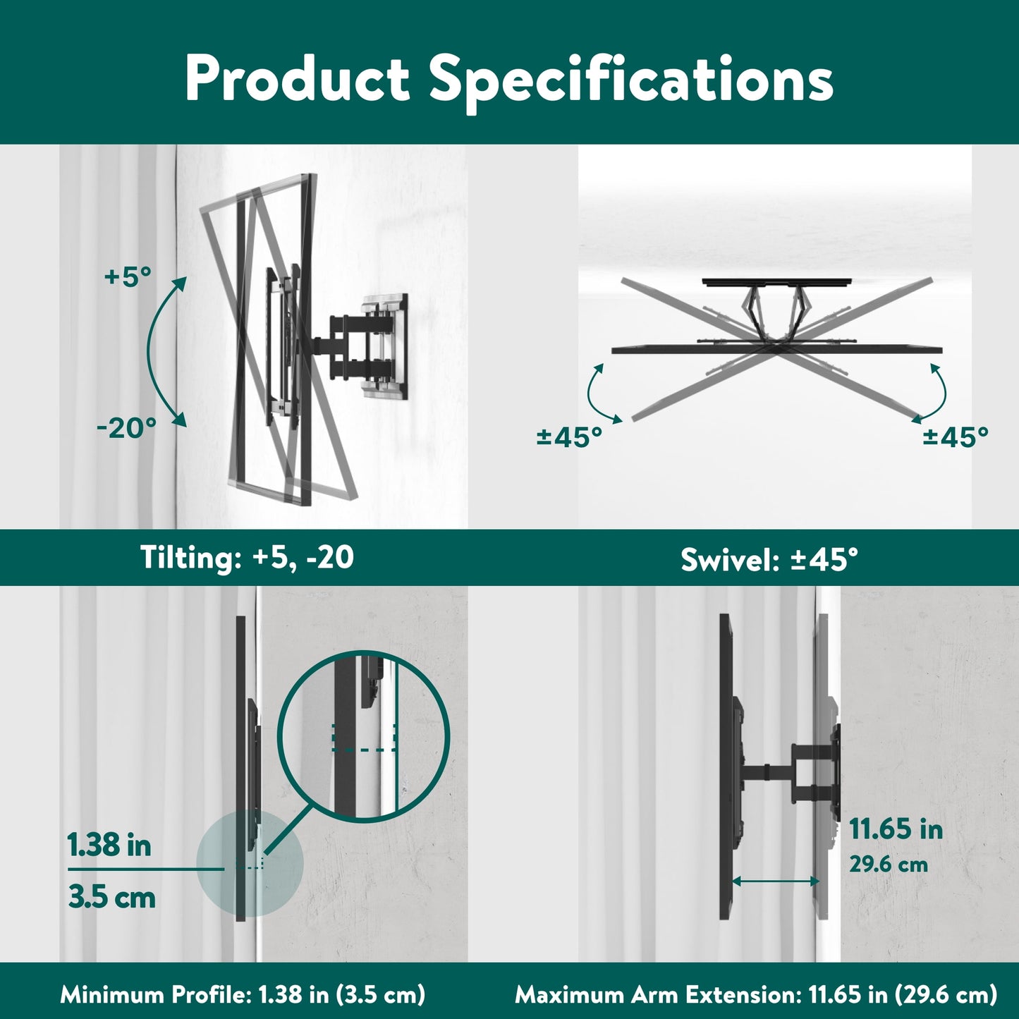 Ultra-slim Full Motion TV Wall Mount for 50" to 86" TVs, swivel ±45°, up to +5°/-20° Tilting