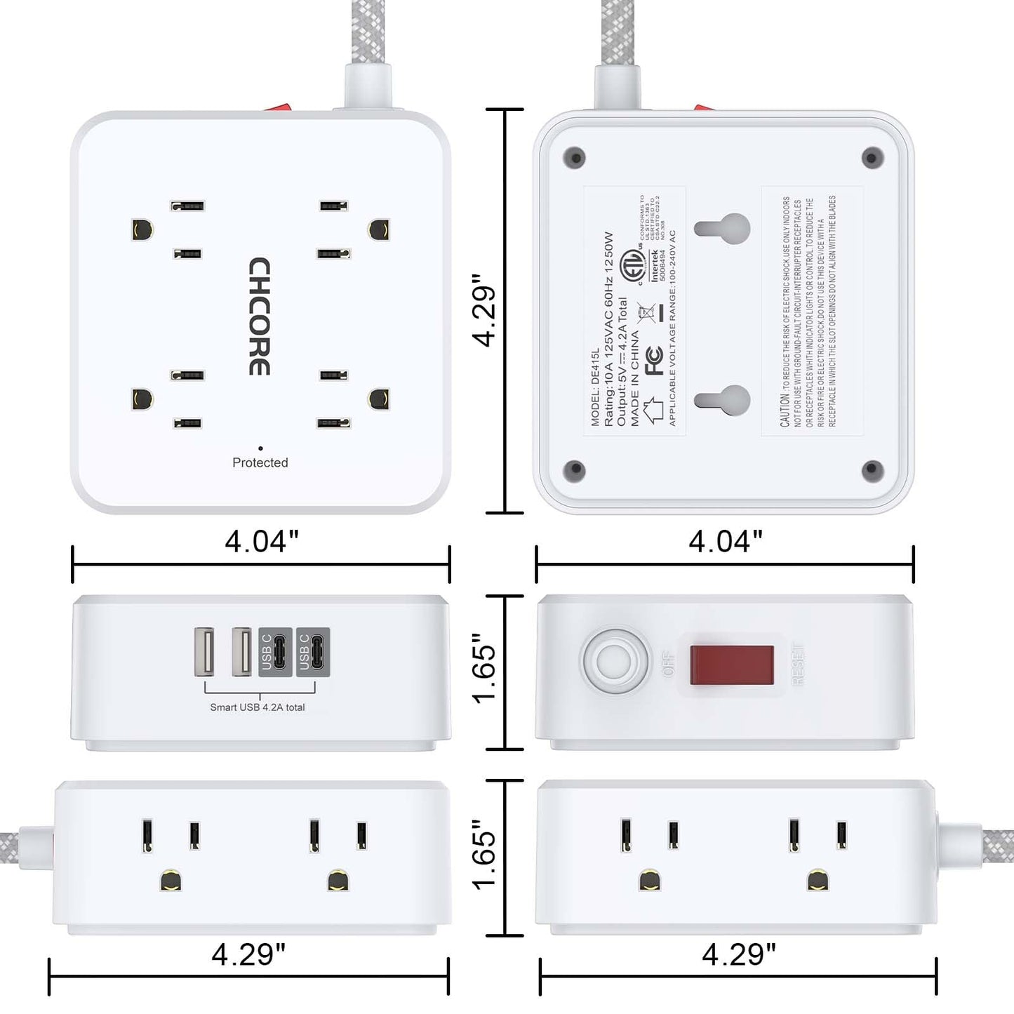 Surge Protector Power Strip - CHCORE 5Ft Braided Extension Cord with 8 Outlets with 4 USB (2 USB C) Charging Port