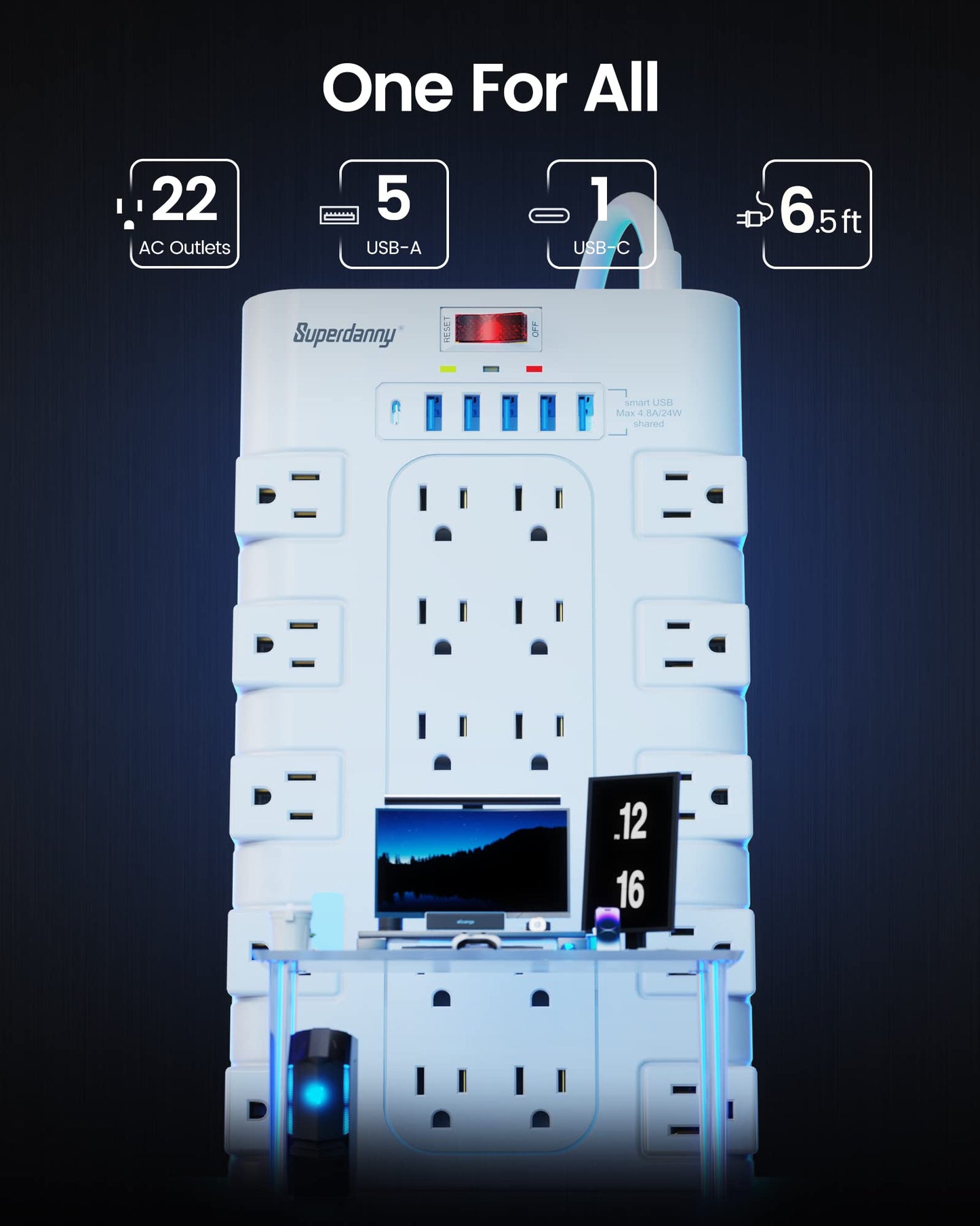 Power Strip, Surge Protector with 22 AC Outlets and 6 USB Charging Ports, 1875W/15AHeavy Duty Extension Cord