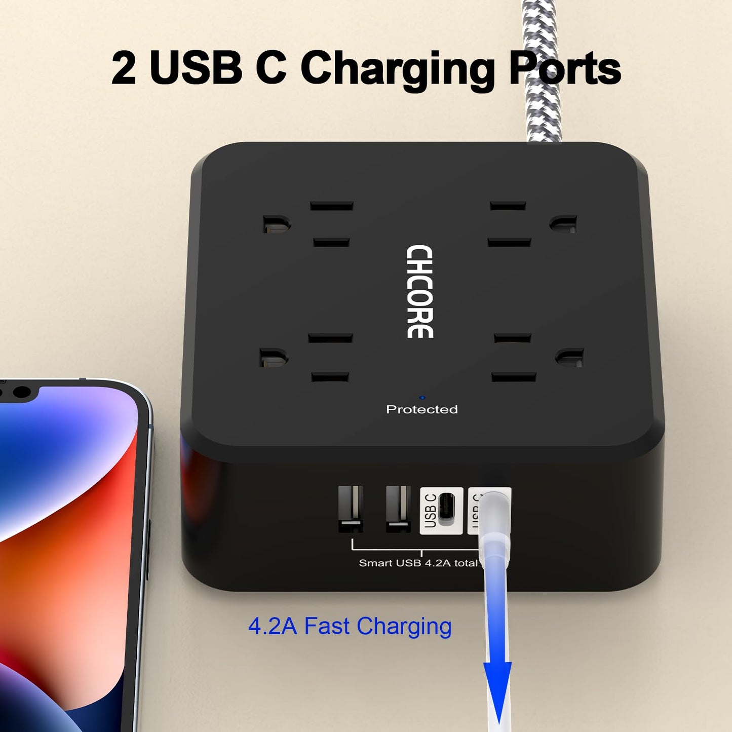 Surge Protector Power Strip - CHCORE 5Ft Braided Extension Cord with 8 Outlets with 4 USB (2 USB C) Charging Port