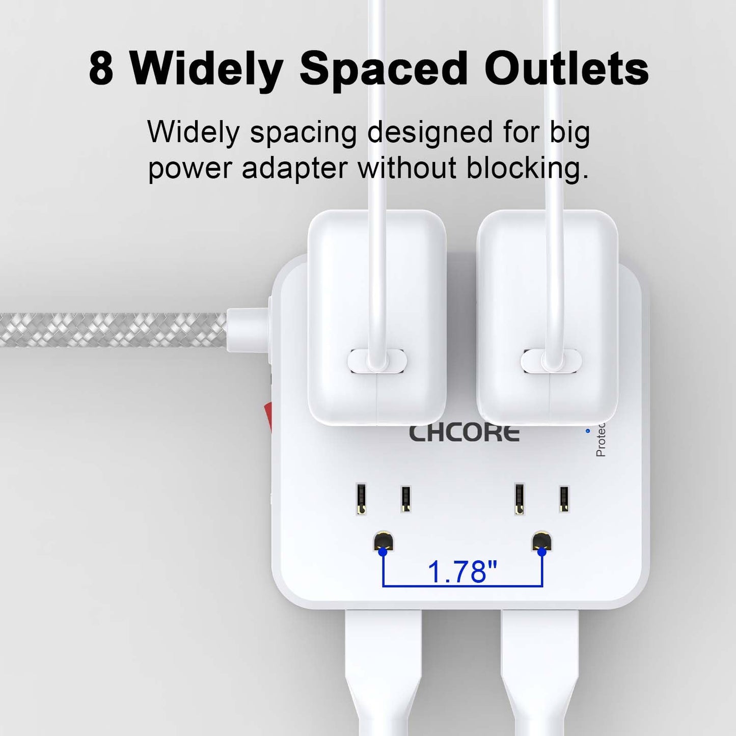Surge Protector Power Strip - CHCORE 5Ft Braided Extension Cord with 8 Outlets with 4 USB (2 USB C) Charging Port