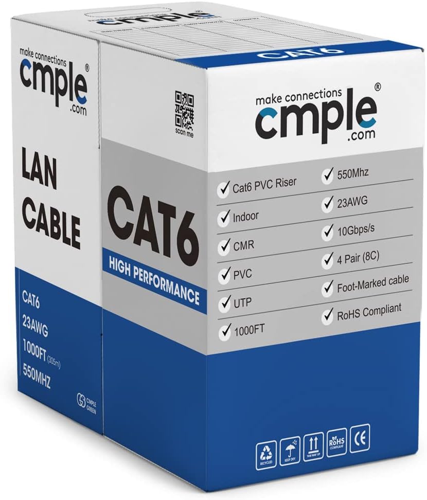 Cmple - Cat6 Cable 1000ft Bulk Lan Ethernet Cat 6 Wire Network UTP 23AWG CMR Riser 10Gbps 550 MHz Pull Box 1000 Feet, Blue