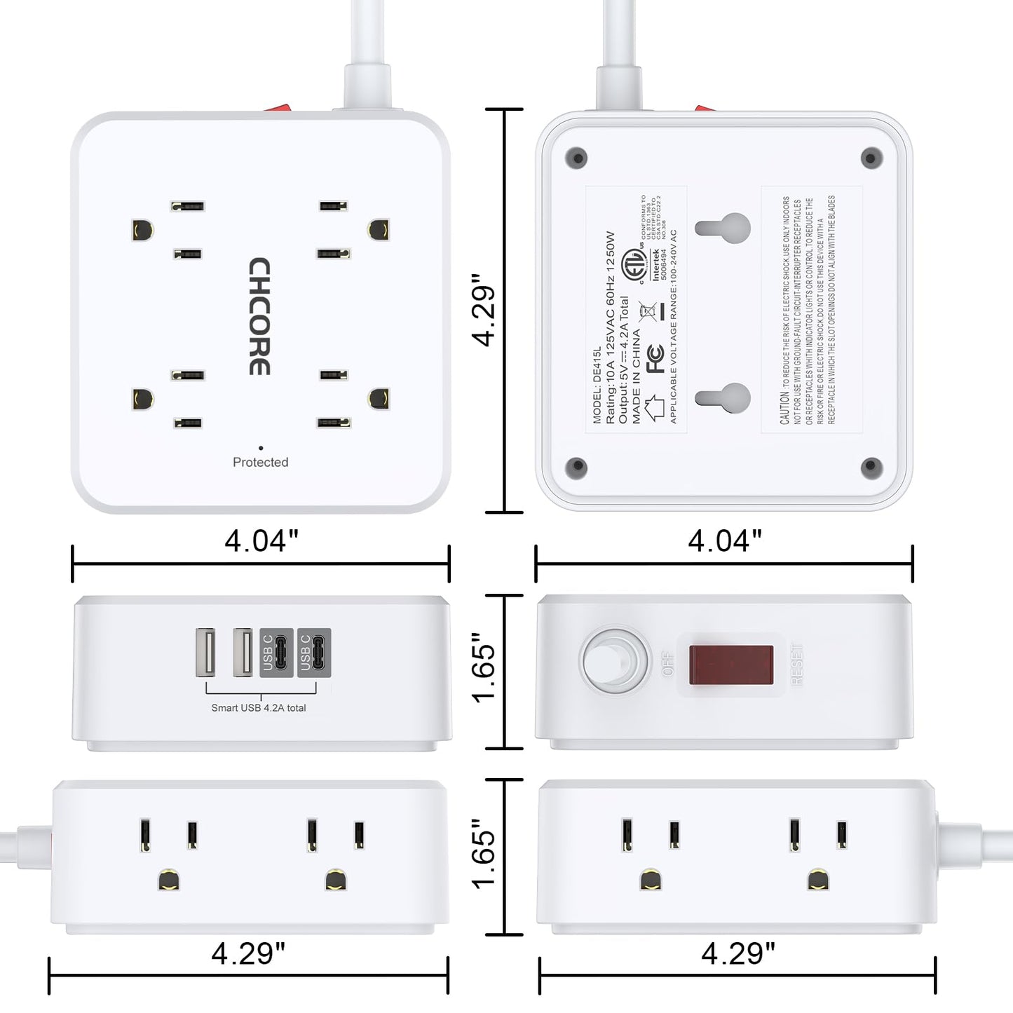Surge Protector Power Strip - CHCORE 5Ft Braided Extension Cord with 8 Outlets with 4 USB (2 USB C) Charging Port