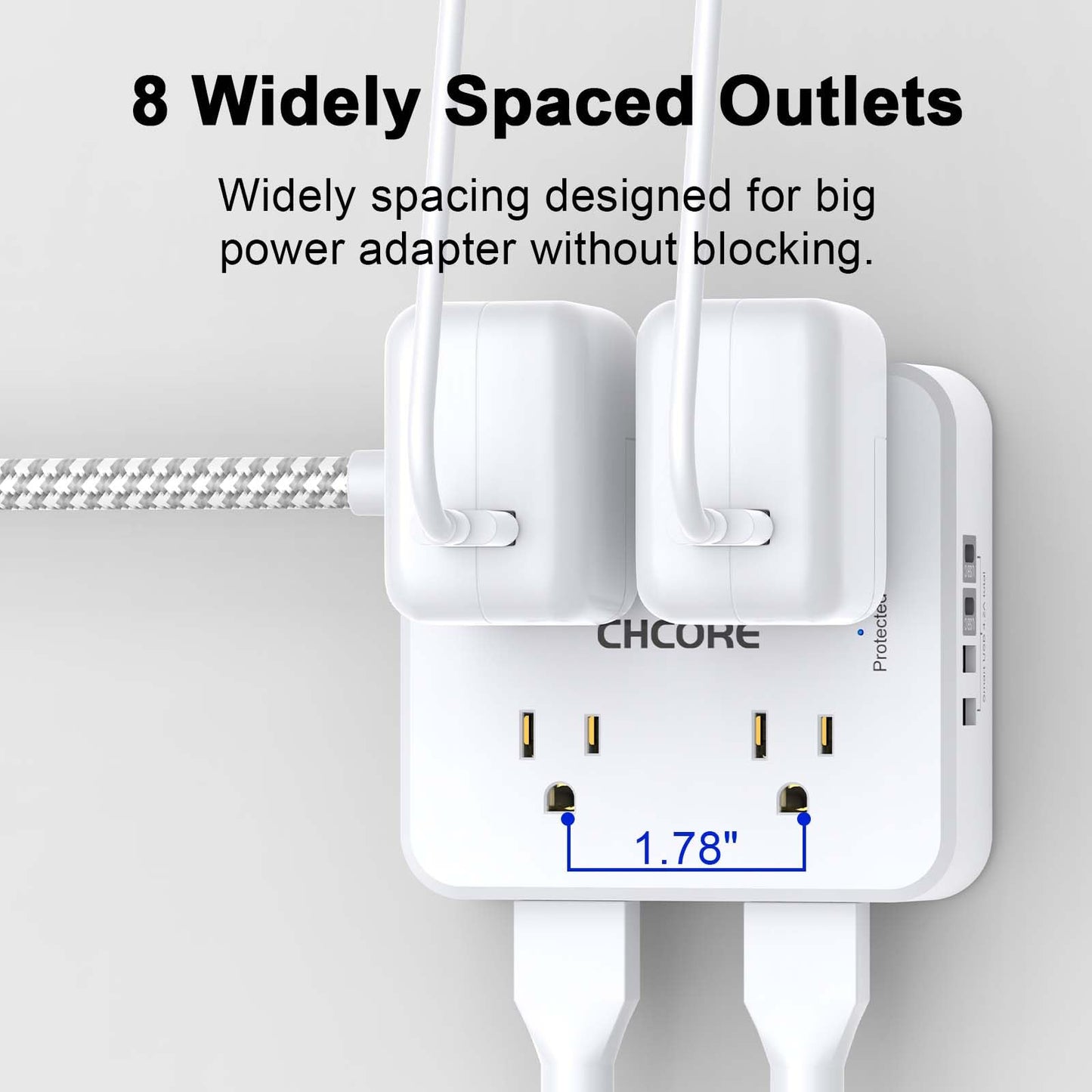 Surge Protector Power Strip - CHCORE 5Ft Braided Extension Cord with 8 Outlets with 4 USB (2 USB C) Charging Port