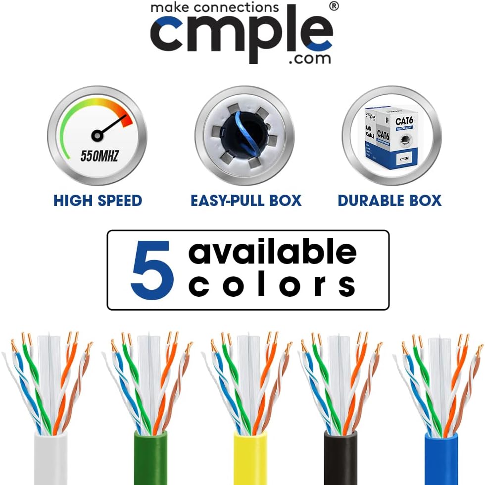 Cmple - Cat6 Cable 1000ft Bulk Lan Ethernet Cat 6 Wire Network UTP 23AWG CMR Riser 10Gbps 550 MHz Pull Box 1000 Feet, Blue