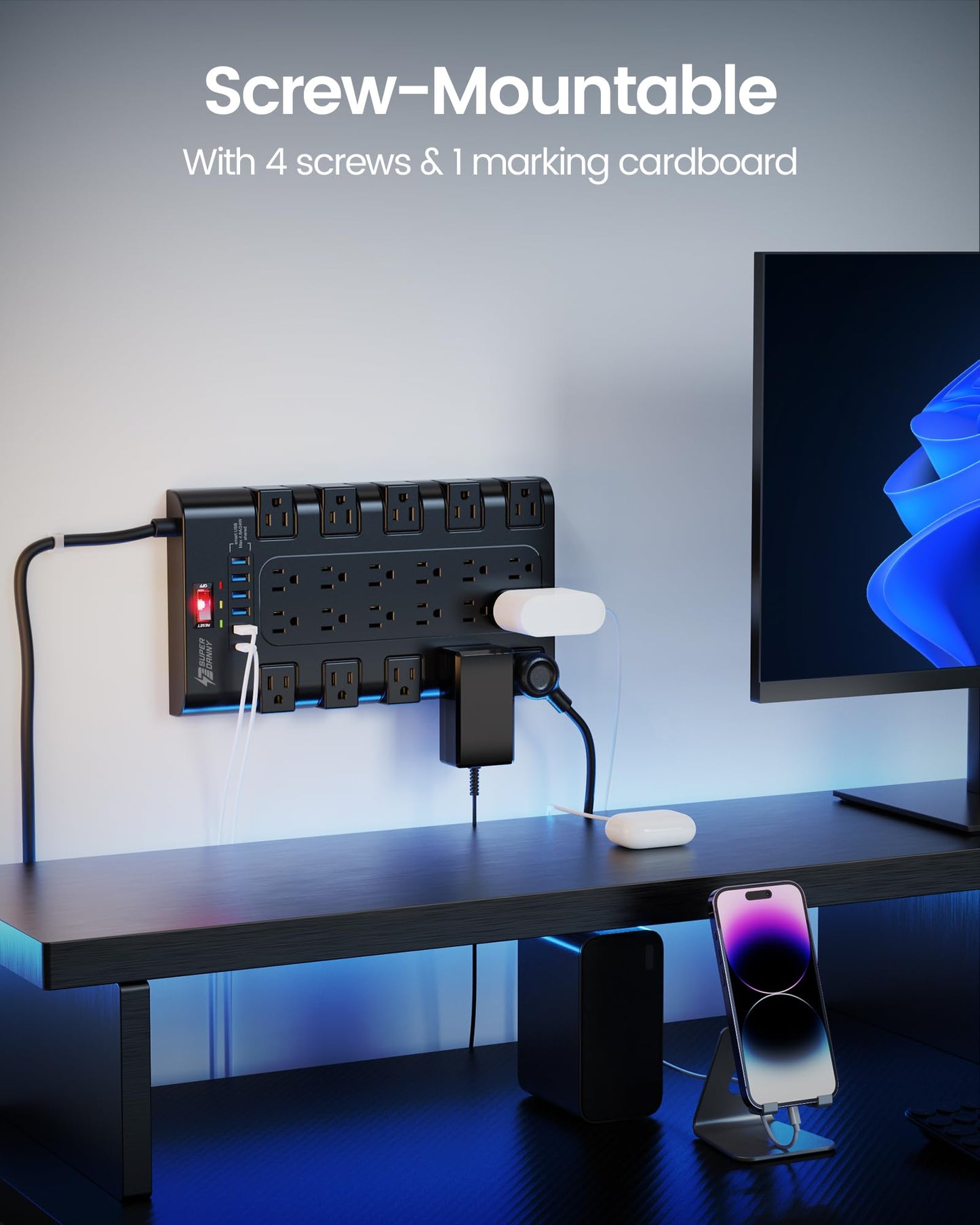 Power Strip, Surge Protector with 22 AC Outlets and 6 USB Charging Ports, 1875W/15AHeavy Duty Extension Cord