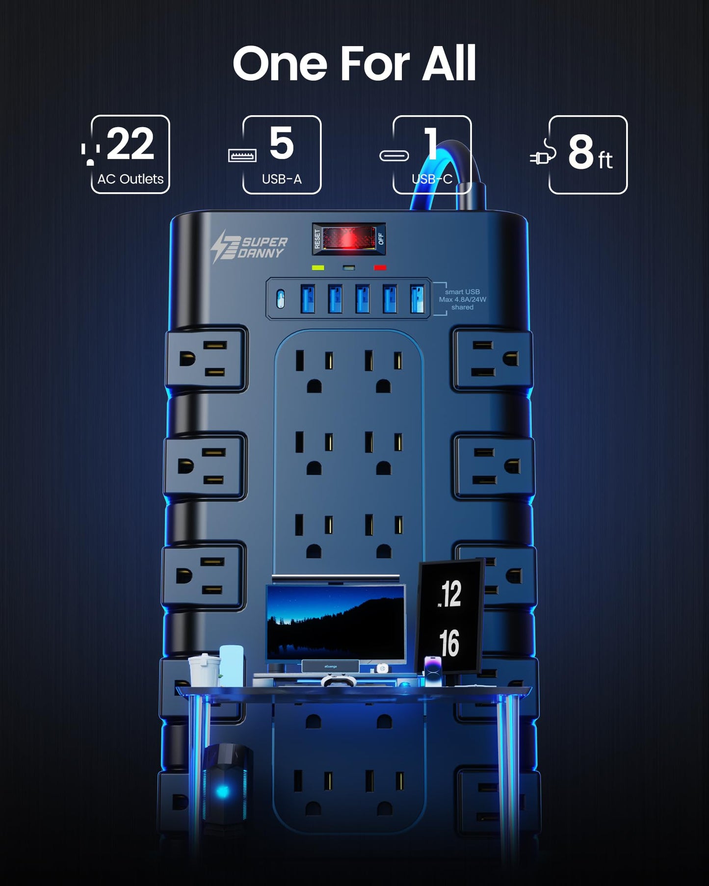 Power Strip, Surge Protector with 22 AC Outlets and 6 USB Charging Ports, 1875W/15AHeavy Duty Extension Cord