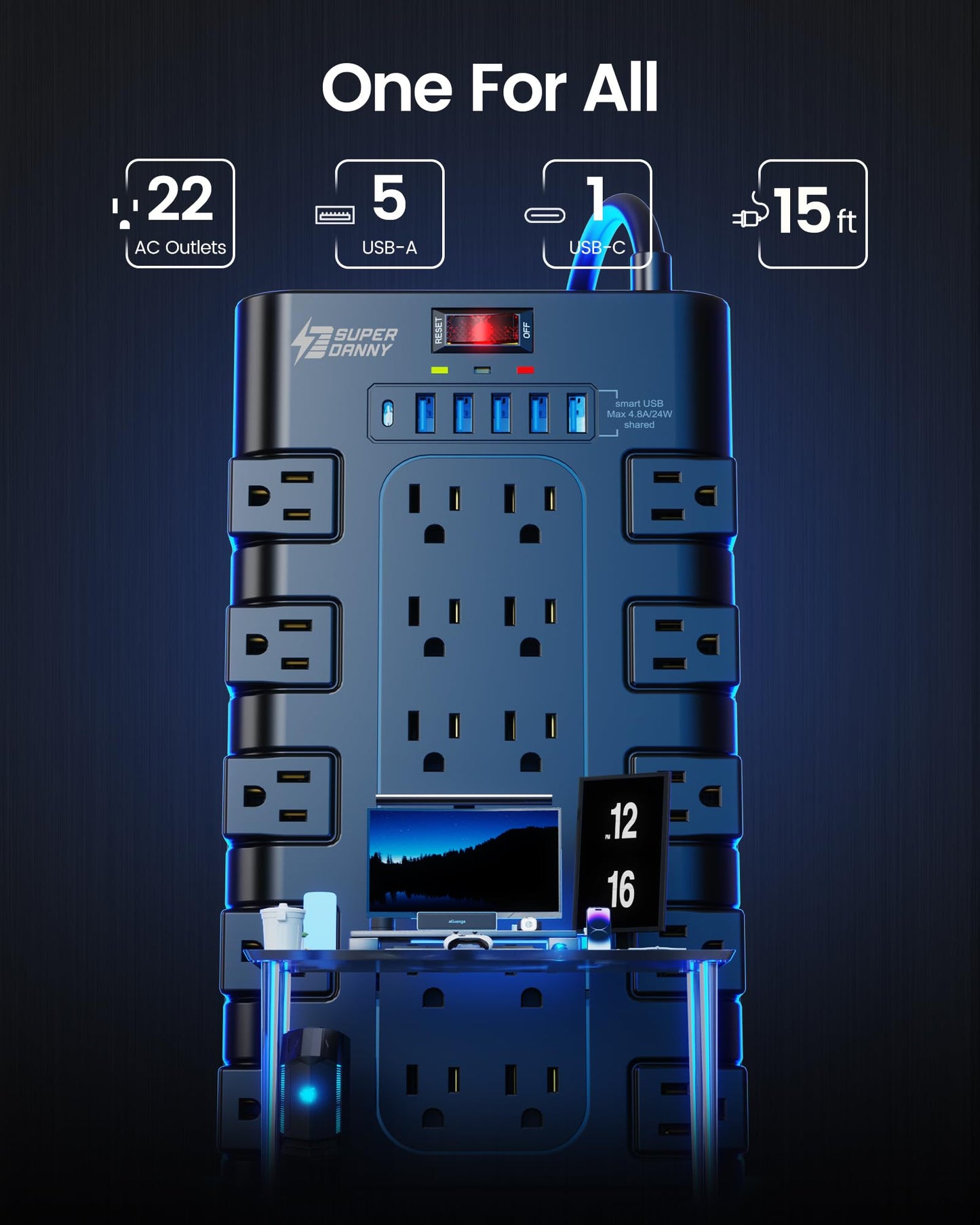Power Strip, Surge Protector with 22 AC Outlets and 6 USB Charging Ports, 1875W/15AHeavy Duty Extension Cord