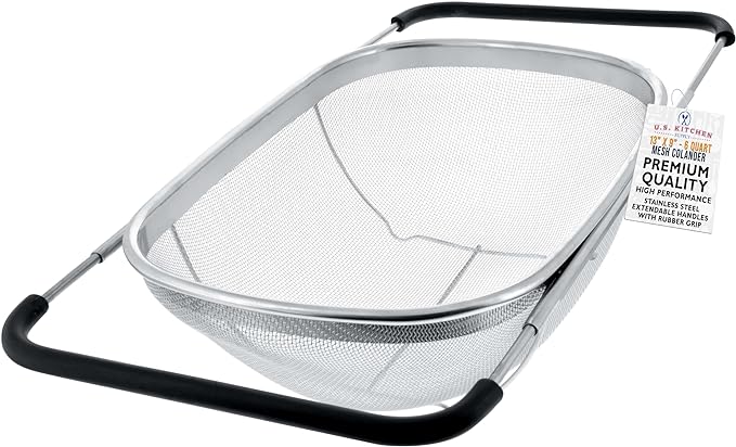 U.S. Kitchen Supply Stainless Steel Colander Strainer - 6-Quart Collapsible Colander with Expandable Rubber Handles - Rectangular Sieve, Fine Mesh Stainless Steel Strainers and Colanders for Kitchen
