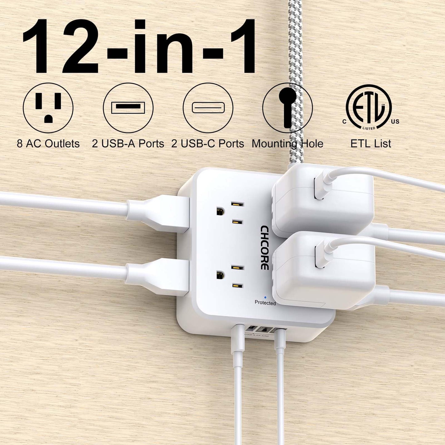Surge Protector Power Strip - CHCORE 5Ft Braided Extension Cord with 8 Outlets with 4 USB (2 USB C) Charging Port