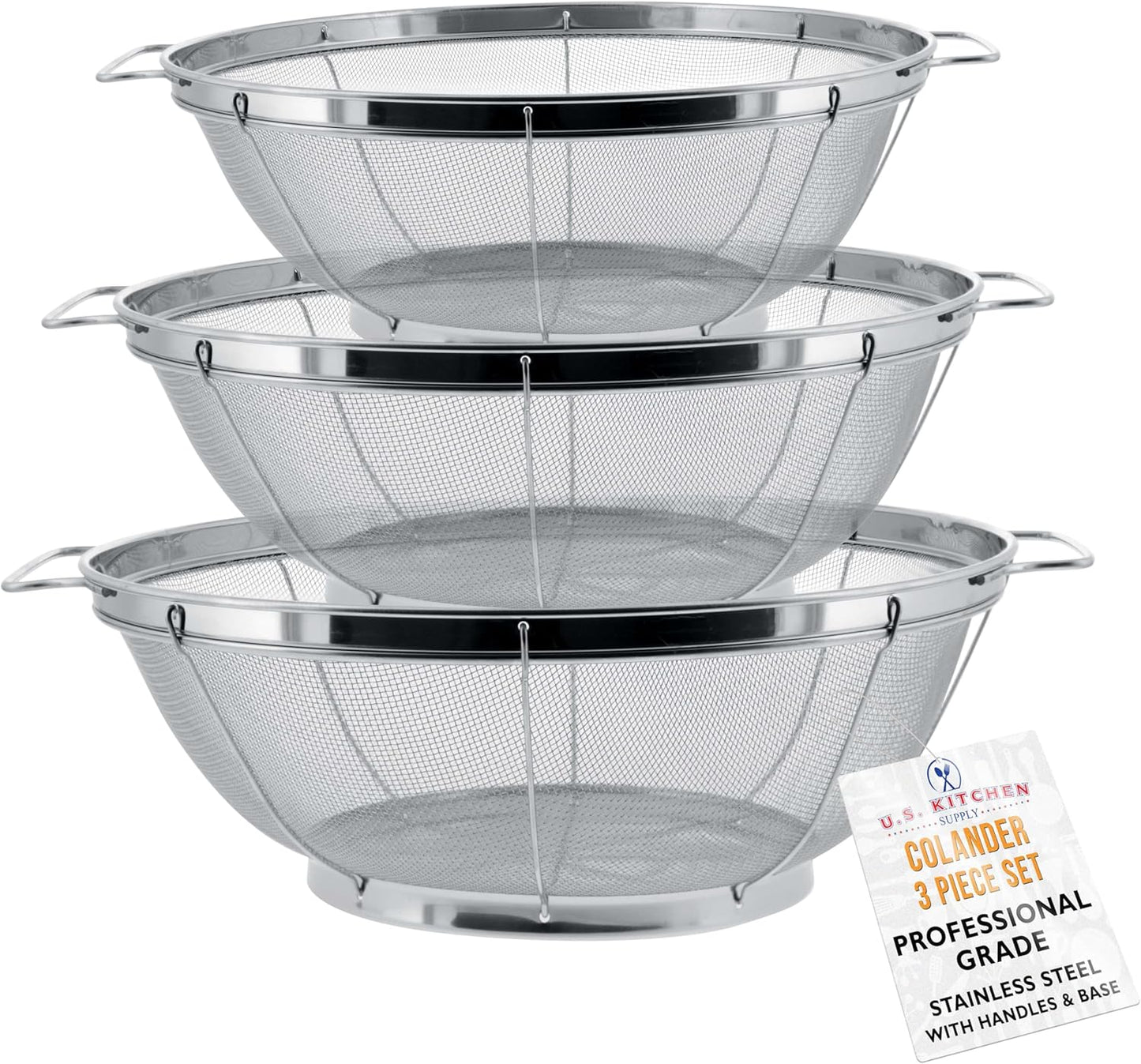 U.S. Kitchen Supply Set of 3 Stainless Steel Colander Strainers Net Baskets - 11", 9.5" & 8.5" Sizes - Colander with Handles & Resting Base - Stainless Steel Sieve, Strainers and Colanders for Kitchen
