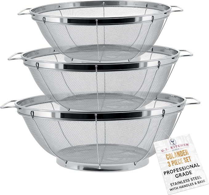 U.S. Kitchen Supply Set of 3 Stainless Steel Colander Strainers Net Baskets - 11", 9.5" & 8.5" Sizes - Colander with Handles & Resting Base - Stainless Steel Sieve, Strainers and Colanders for Kitchen