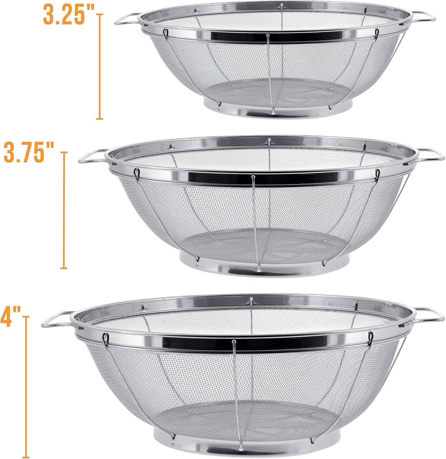 U.S. Kitchen Supply Set of 3 Stainless Steel Colander Strainers Net Baskets - 11", 9.5" & 8.5" Sizes - Colander with Handles & Resting Base - Stainless Steel Sieve, Strainers and Colanders for Kitchen