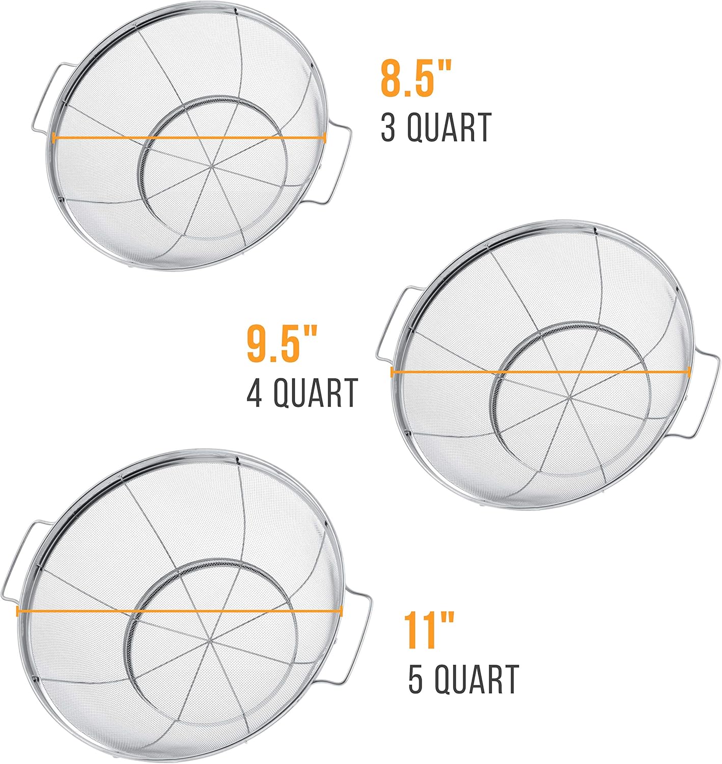U.S. Kitchen Supply Set of 3 Stainless Steel Colander Strainers Net Baskets - 11", 9.5" & 8.5" Sizes - Colander with Handles & Resting Base - Stainless Steel Sieve, Strainers and Colanders for Kitchen