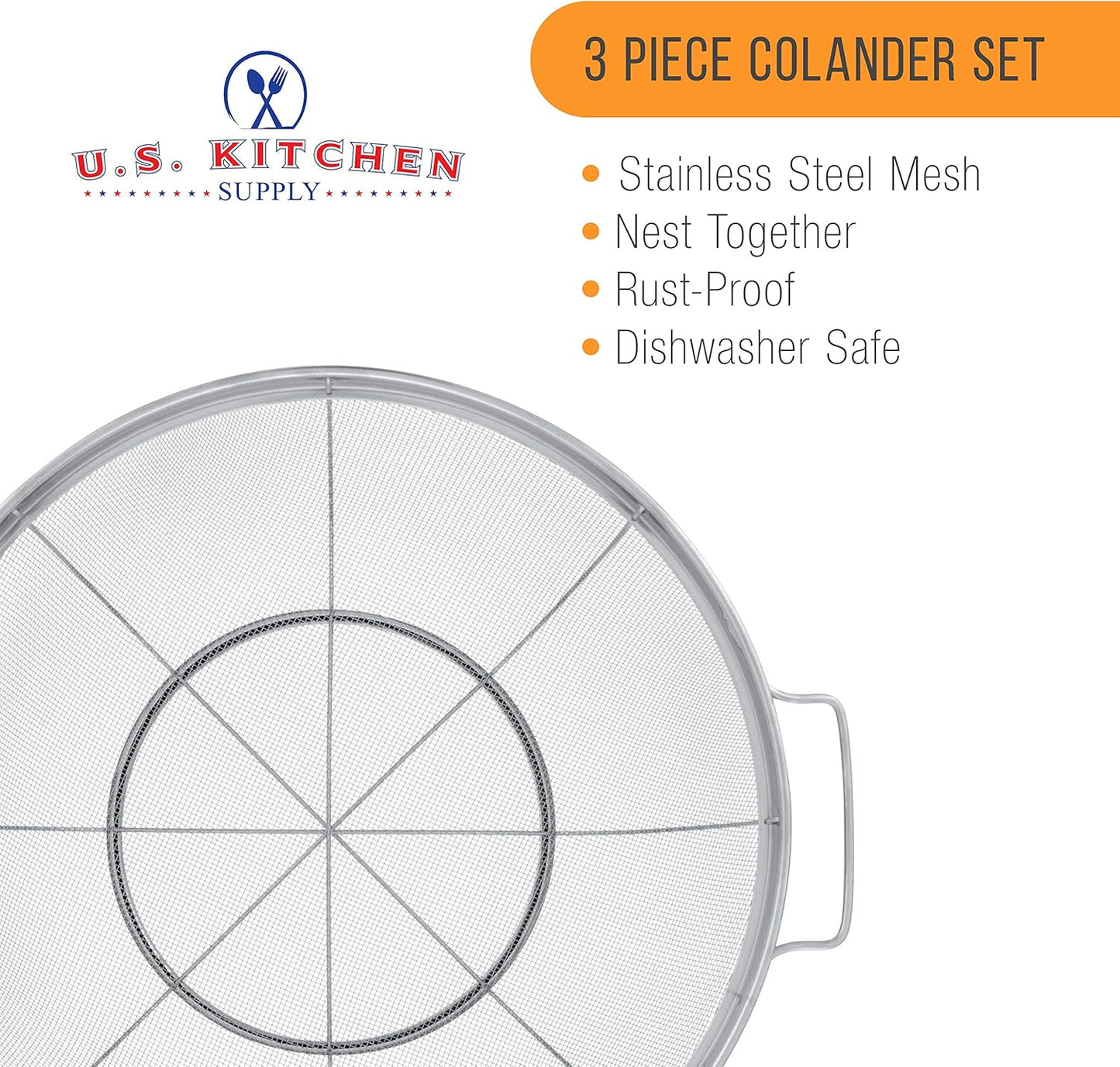 U.S. Kitchen Supply Set of 3 Stainless Steel Colander Strainers Net Baskets - 11", 9.5" & 8.5" Sizes - Colander with Handles & Resting Base - Stainless Steel Sieve, Strainers and Colanders for Kitchen