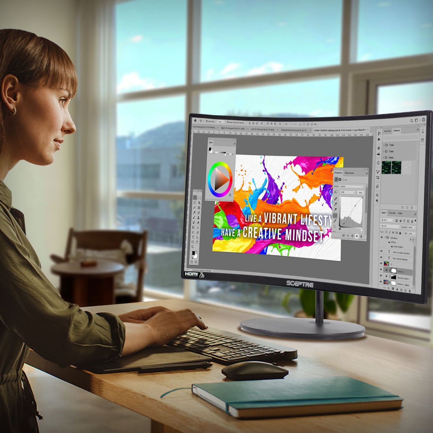 Sceptre C248W-1920RN 24" 1080P LED Curved Computer Monitor, Black