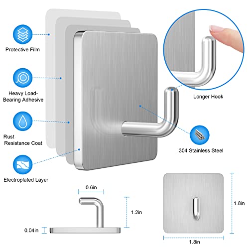Adhesive Hooks Heavy Duty Stick on Wall Towel Hooks , Stainless Steel Wall Hook Door Hooks - 4 Pack