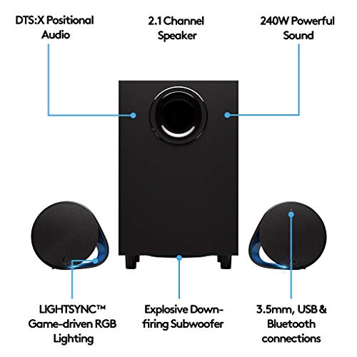 Logitech G560 PC Gaming Speaker System with 7.1 DTS:X Ultra Surround Sound, Game based LIGHTSYNC RGB, Two Speakers and Subwoofer, Immersive Gaming Experience - Black