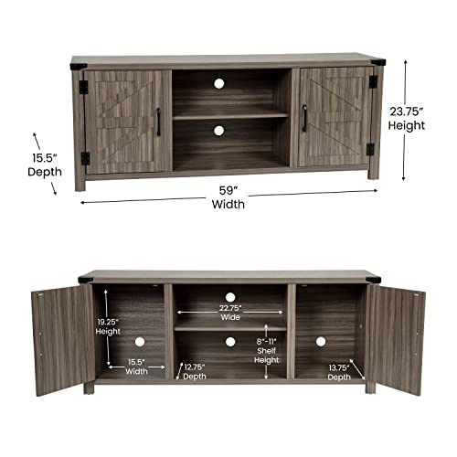 Flash Furniture Modern Farmhouse Barn Door TV Stand - Gray Wash 59 Inch Entertainment Center - for TV's up to 65 Inches - Adjustable Middle Shelf