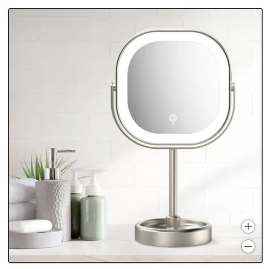 LED Vanity Mirror with Stand, Double-Sided 1x/10x Magnification, 3 Light Settings