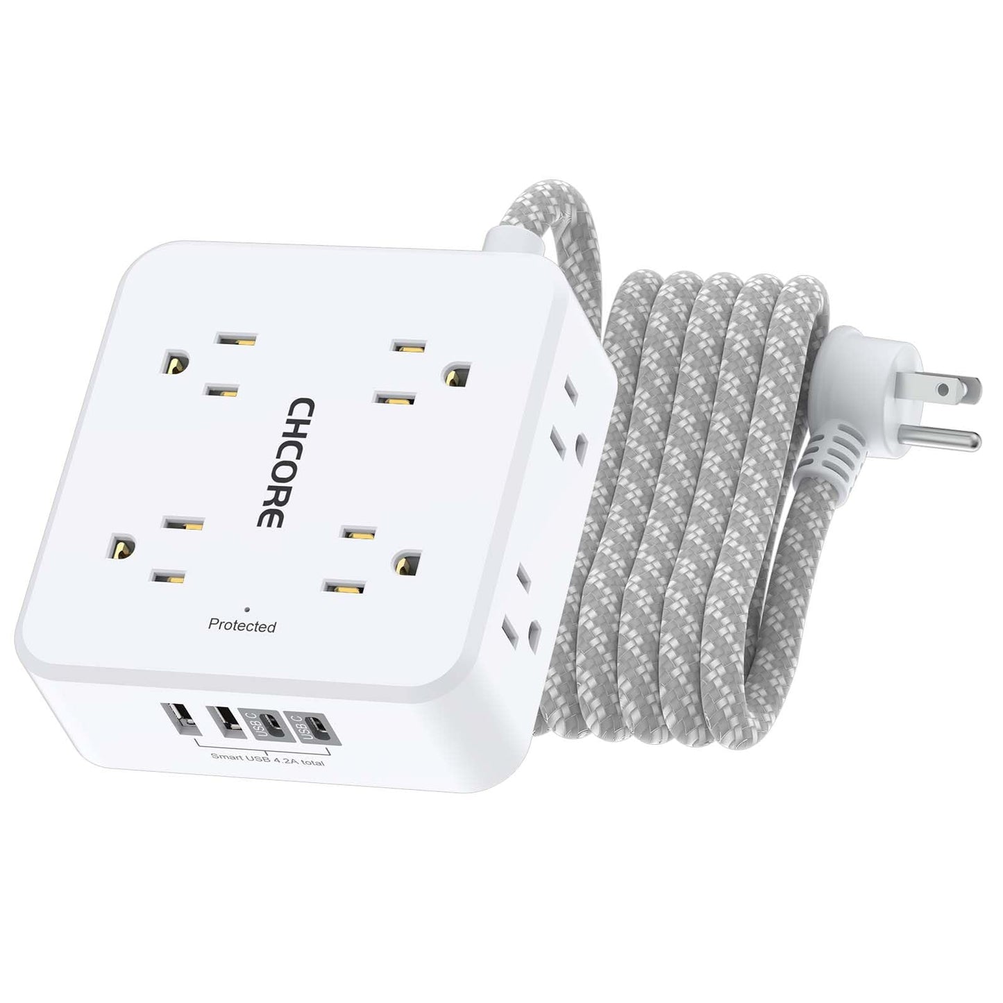 Surge Protector Power Strip - CHCORE 5Ft Braided Extension Cord with 8 Outlets with 4 USB (2 USB C) Charging Port