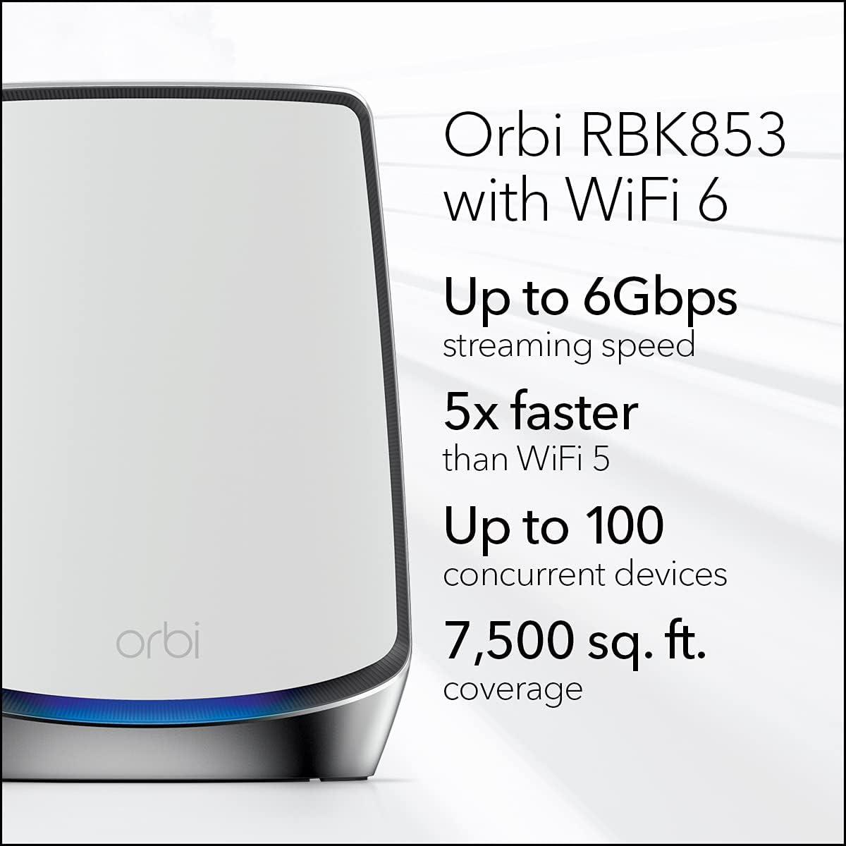 NETGEAR Orbi Whole Home Tri-Band WiFi 6 Mesh Network System (RBK853) – Router with 2 Satellite Extenders, Security Features, Coverage Up to 7,500 Square Feet, 100 Devices, AX6000 (Up to 6Gbps)