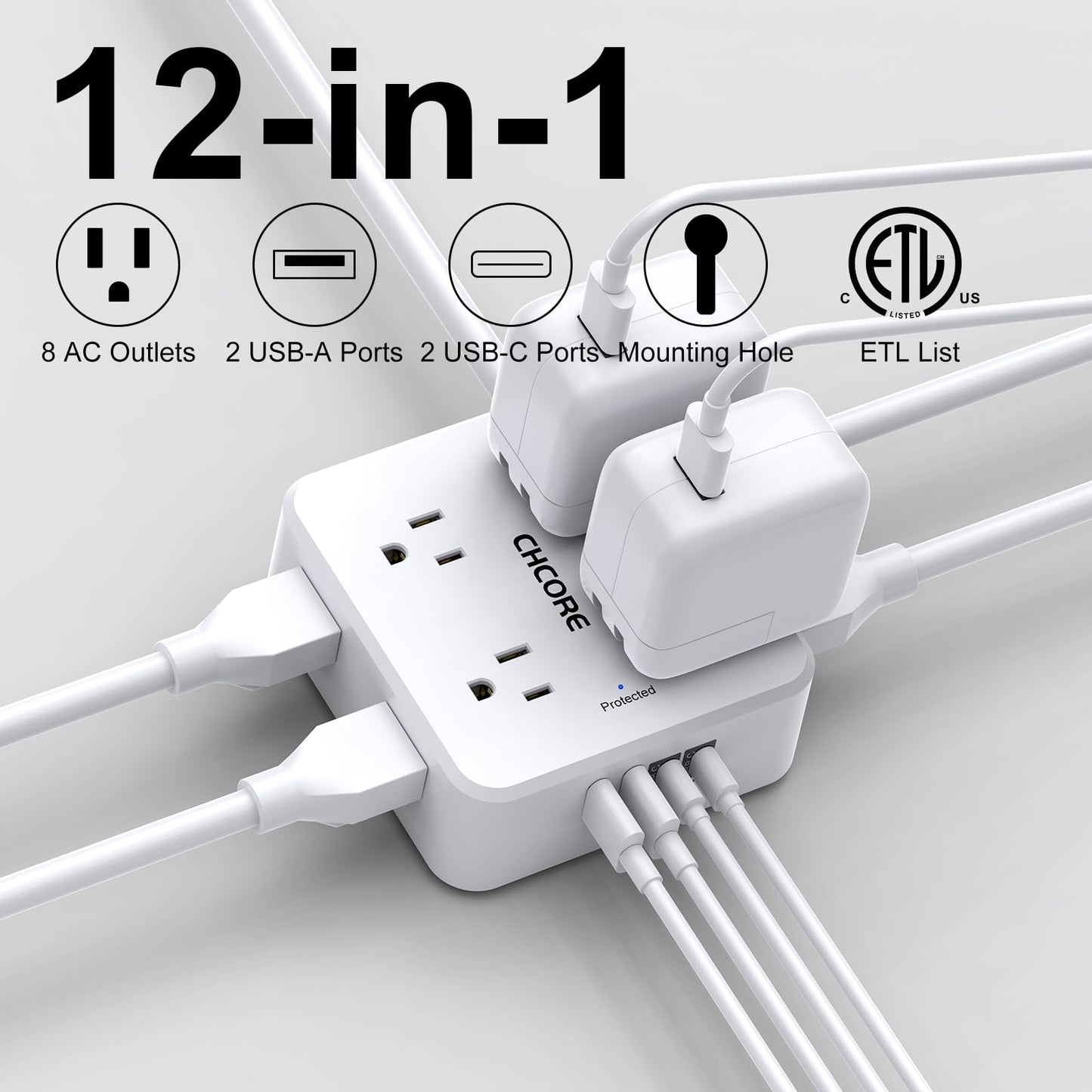 Surge Protector Power Strip - CHCORE 5Ft Braided Extension Cord with 8 Outlets with 4 USB (2 USB C) Charging Port