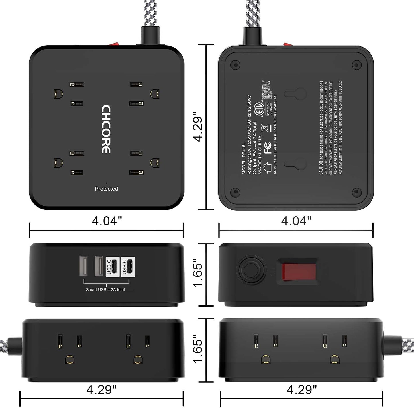 Surge Protector Power Strip - CHCORE 5Ft Braided Extension Cord with 8 Outlets with 4 USB (2 USB C) Charging Port