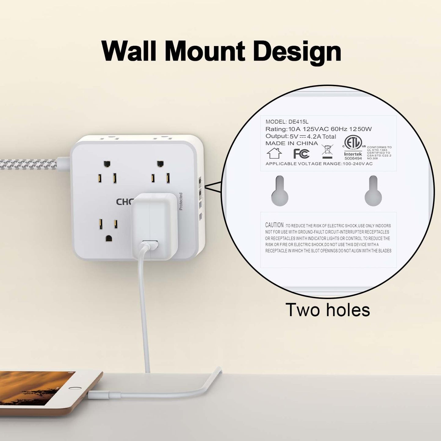 Surge Protector Power Strip - CHCORE 5Ft Braided Extension Cord with 8 Outlets with 4 USB (2 USB C) Charging Port