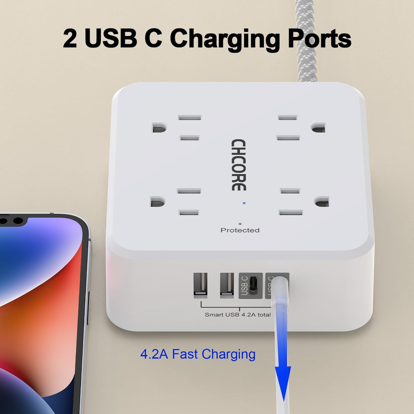 Surge Protector Power Strip - CHCORE 5Ft Braided Extension Cord with 8 Outlets with 4 USB (2 USB C) Charging Port