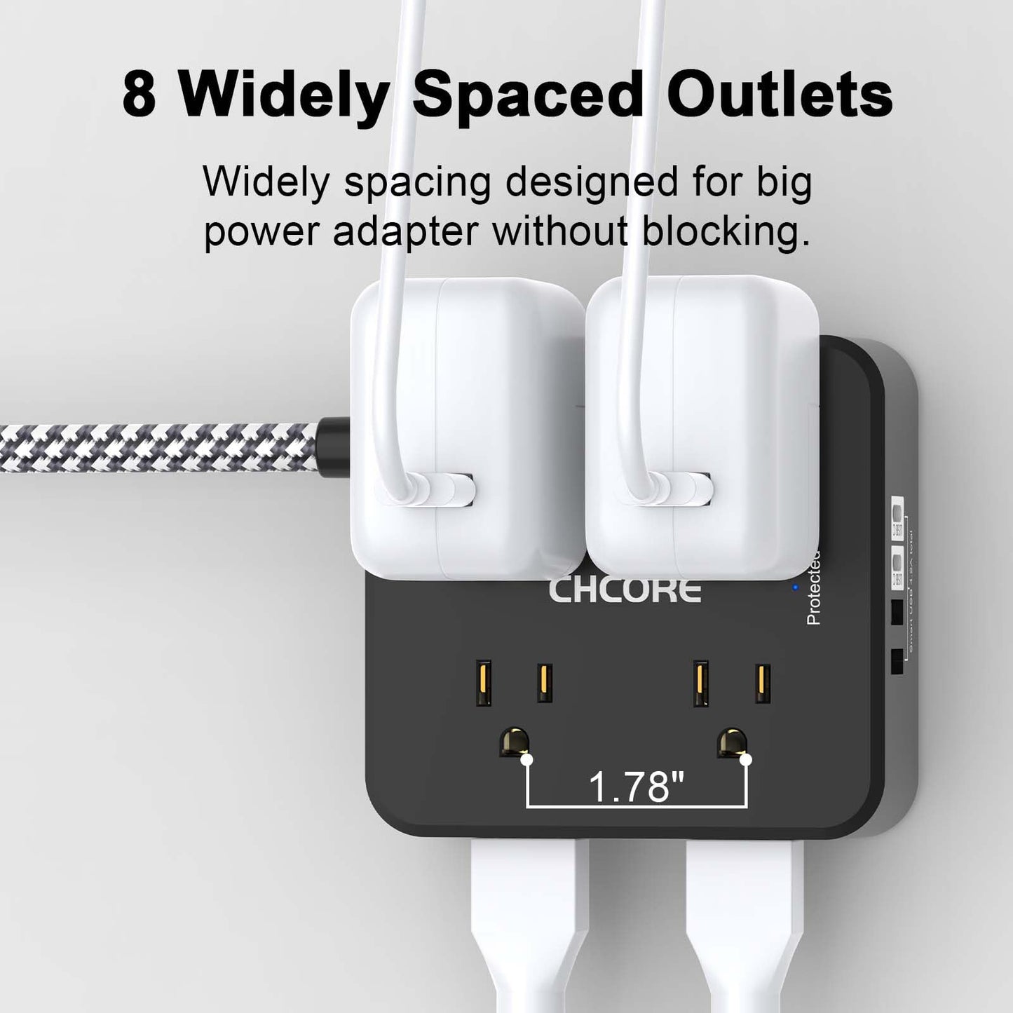 Surge Protector Power Strip - CHCORE 5Ft Braided Extension Cord with 8 Outlets with 4 USB (2 USB C) Charging Port