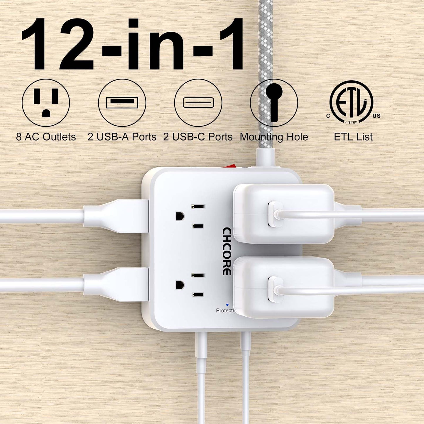 Surge Protector Power Strip - CHCORE 5Ft Braided Extension Cord with 8 Outlets with 4 USB (2 USB C) Charging Port