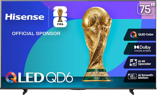 Hisense 75" Class QD6 Series (75QD6QF, 2025 Model) QLED 4K UHD Smart Fire TV, Voice Remote with Alexa, Dolby Vision, Dolby Atmos, Motion Rate 120, HDR 10+, Game Mode Plus, MEMC, VRR, ALLM