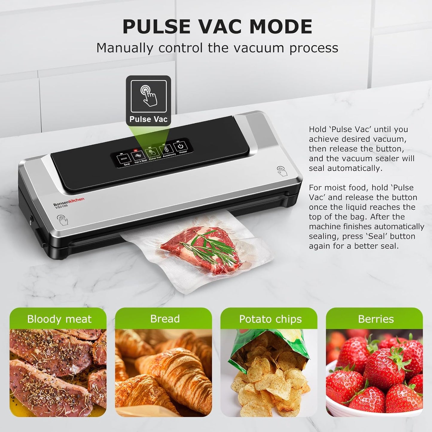 [Updated 2025] Bonsenkitchen Vacuum Sealer Machine + 40 Vacuum Bags, Fast-Compact/Multi-Functional Food Vacuum Sealer with External Vacuum System, Silver