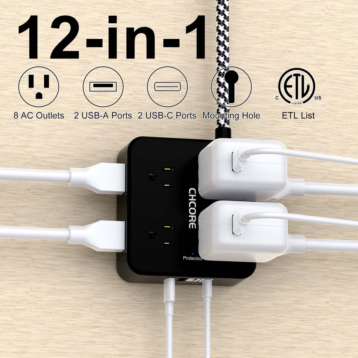 Surge Protector Power Strip - CHCORE 5Ft Braided Extension Cord with 8 Outlets with 4 USB (2 USB C) Charging Port