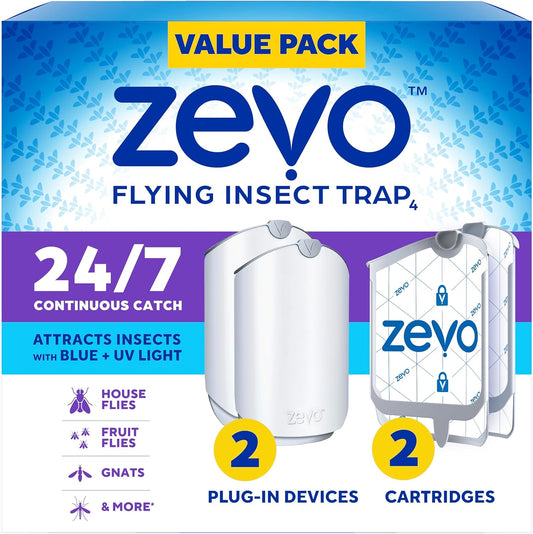 Zevo 2 Flying Insect Traps & 2 Cartridges - Plug In Fly Trap & Indoor Bug Catcher for Gnats, House & Fruit Flies - Mess-Free - Use in Any Room - Uses Blue & UV Light (2 Plug In Devices & 2 Cartridges)