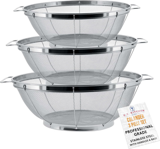 U.S. Kitchen Supply Set of 3 Stainless Steel Colander Strainers Net Baskets - 11", 9.5" & 8.5" Sizes - Colander with Handles & Resting Base - Stainless Steel Sieve, Strainers and Colanders for Kitchen
