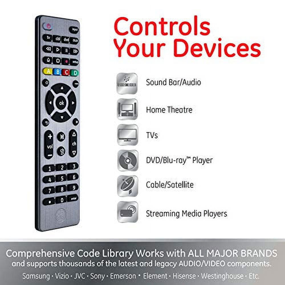 GE 4-Device Universal TV Remote Control in Brushed Graphite, 33711