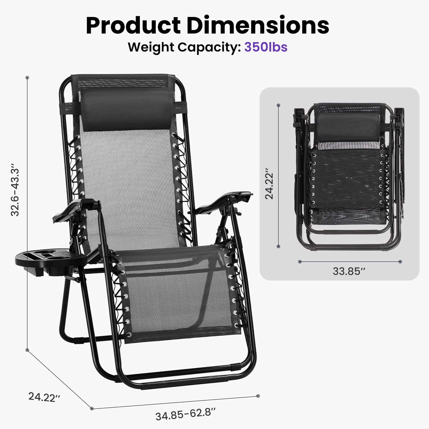 Zero Gravity Lounge Chairs, Foldable Reclining Camping for Patio, Lawn, Beach, Black