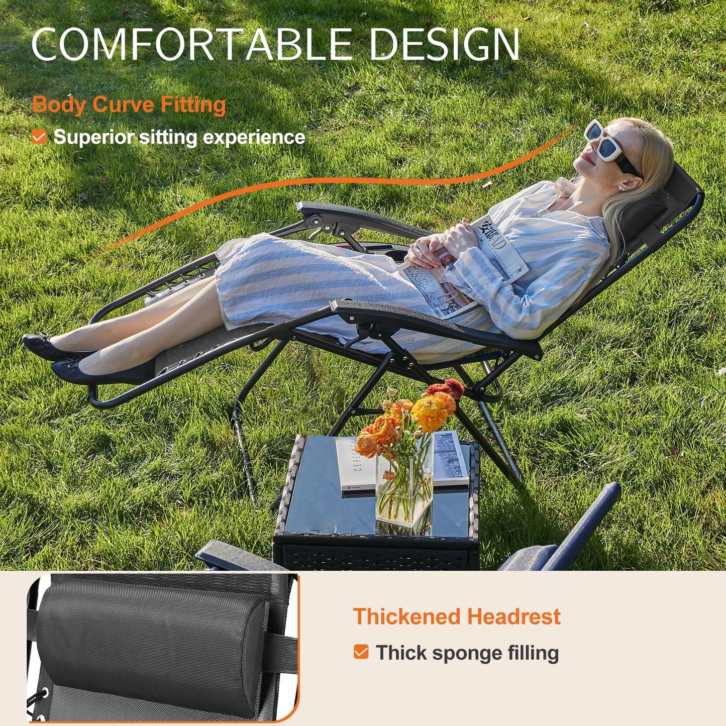 Zero Gravity Lounge Chairs, Foldable Reclining Camping for Patio, Lawn, Beach, Black