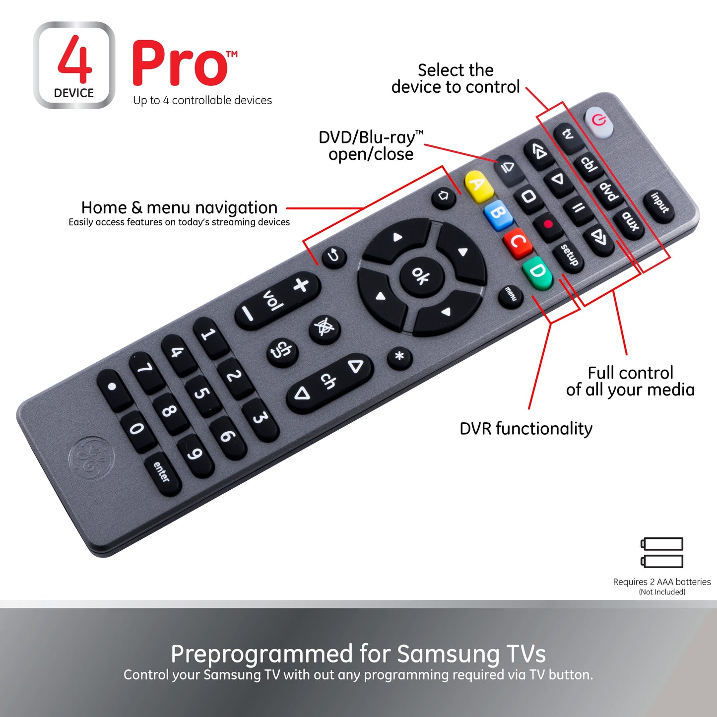 GE 4-Device Universal TV Remote Control in Brushed Graphite, 33711