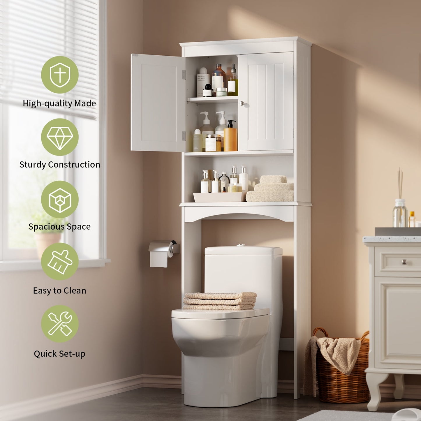 Lofka Over the Toilet Storage Cabinet with Adjustable Shelf and Double Doors, White