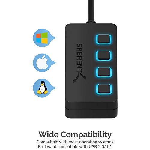 4-Port USB 2.0 Data Hub with Individual LED lit Power Switches [Charging NOT Supported]