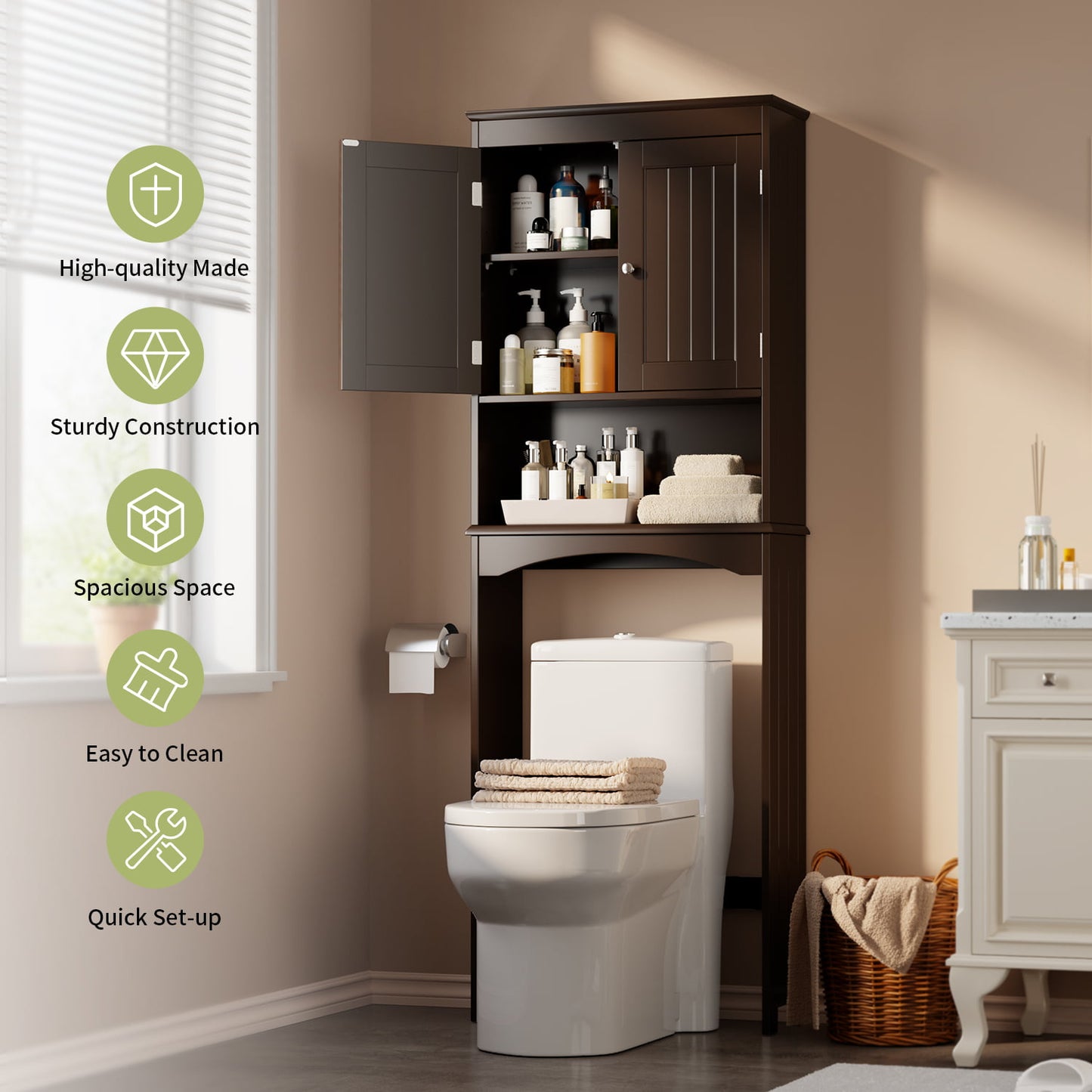 Lofka Over the Toilet Storage Cabinet with Adjustable Shelf and Double Doors, White
