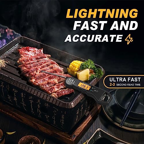Waterproof Instant Read Digital Meat Thermometer for Cooking and Grilling, Food Thermometer with Backlight, Magnet, Calibration, and Foldable Probe, Bottle Cap Opener for Kitchen, BBQ, Grill