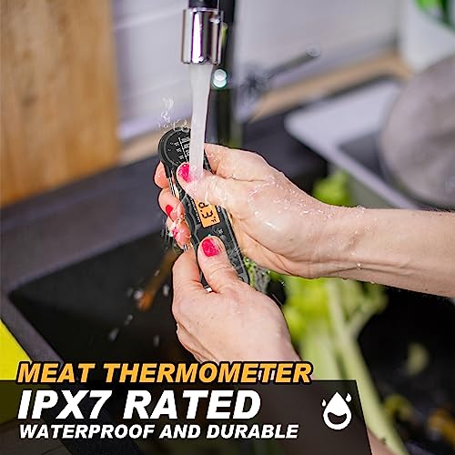 Waterproof Instant Read Digital Meat Thermometer for Cooking and Grilling, Food Thermometer with Backlight, Magnet, Calibration, and Foldable Probe, Bottle Cap Opener for Kitchen, BBQ, Grill