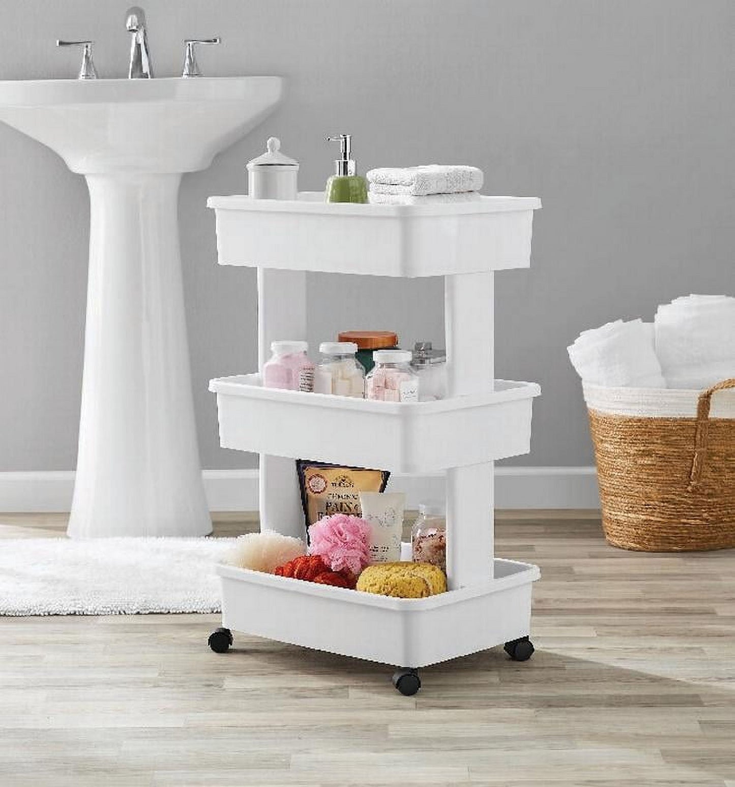 3-Tier Plastic Multi-Purpose Rolling Laundry Cart, Arctic White, Case Pack 1